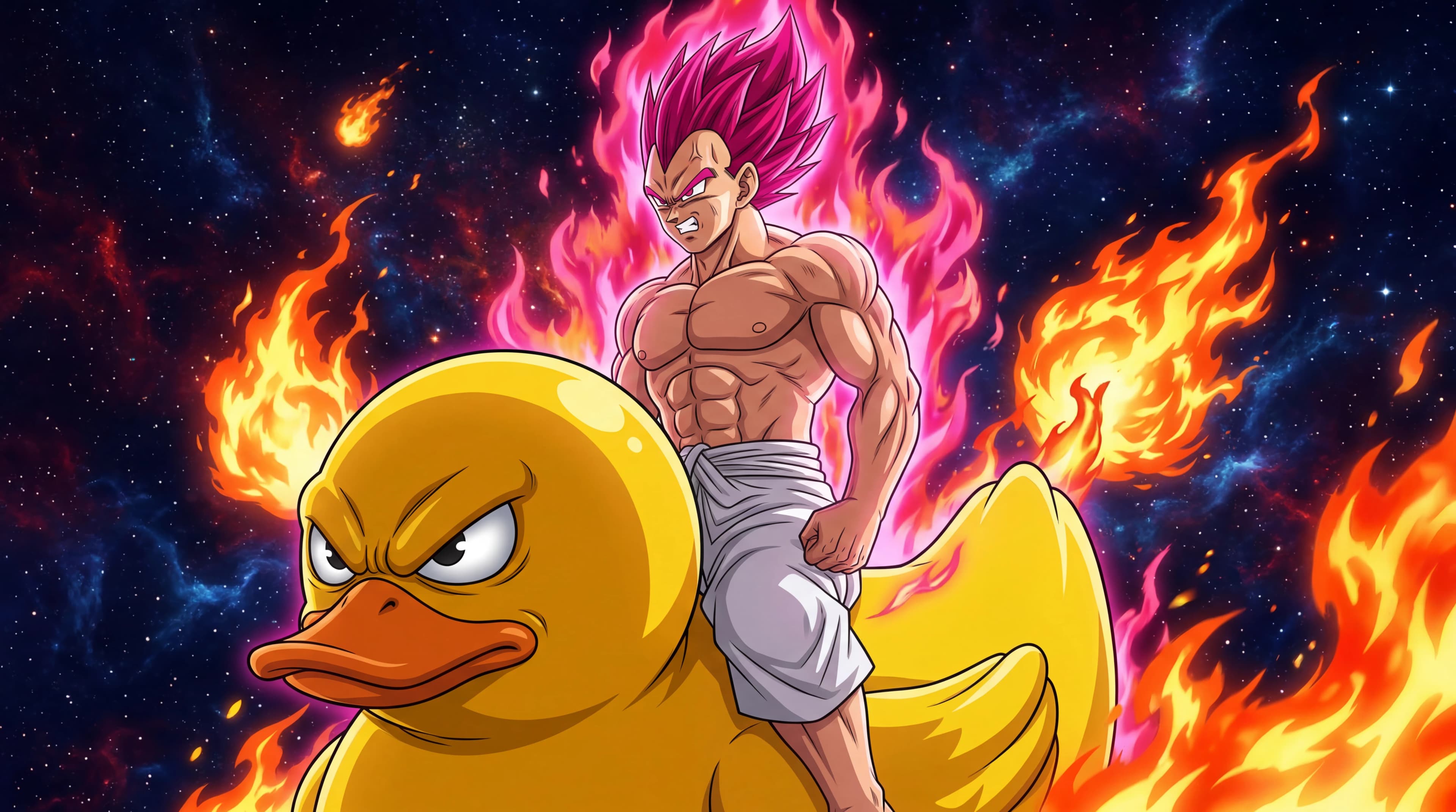 Vegeta in Super Saiyan God form riding a giant rubber duck in outer space surrounded by fire
