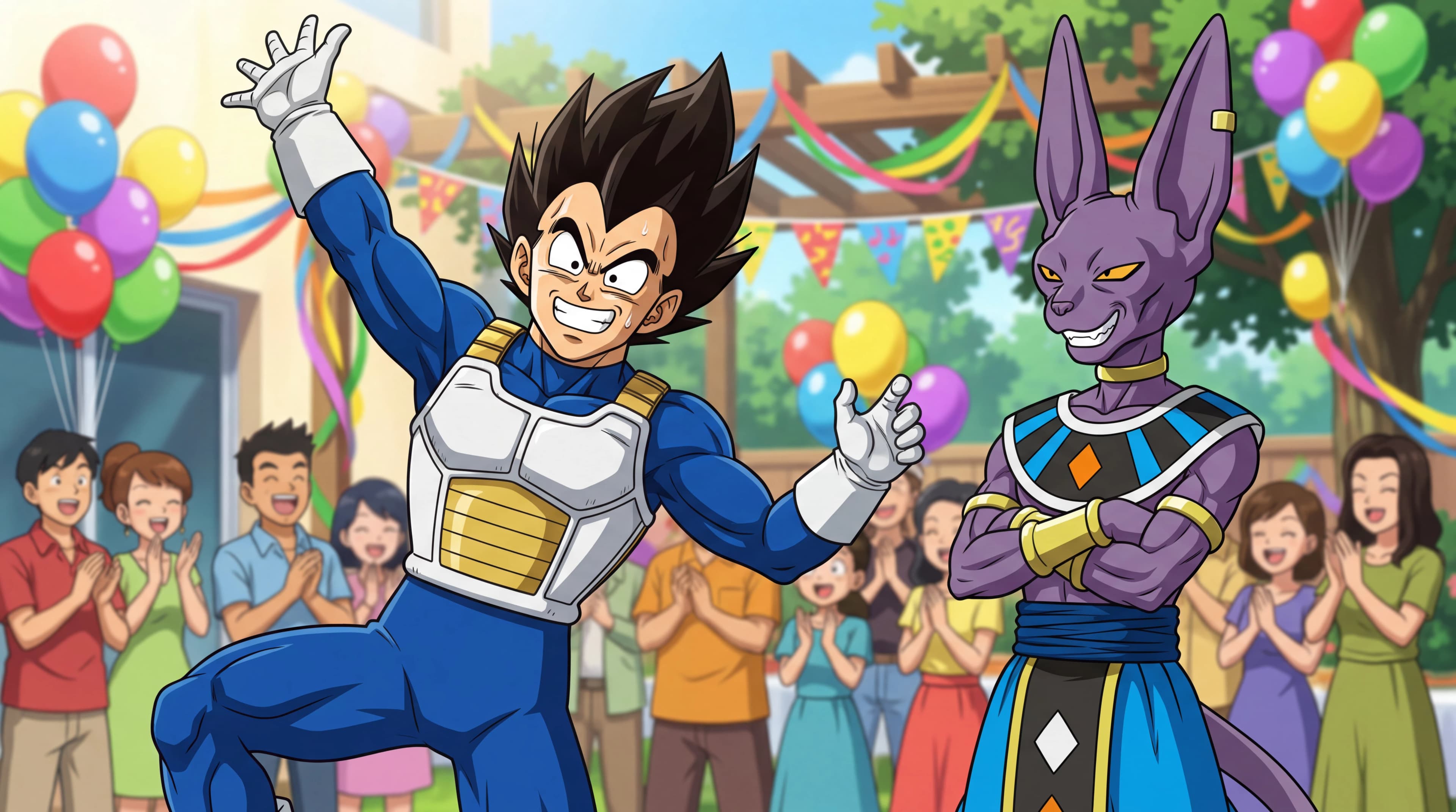 Vegeta doing the bingo dance at Bulma birthday party while Beerus watches with amusement